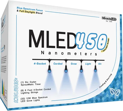 Miracle LED Nanometer 450 - Kit de luces de cultivo para interiores, incluye 4 bombillas de repuesto Ultra Grow Blue Spectrum de 150 W y 1 accesorio