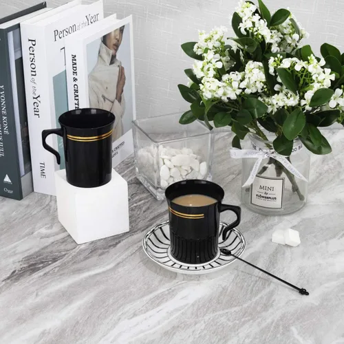 Miniatura 4 de Nervure Paquete de 60 tazas de café de plástico negro con 60 agitadores de café negros, tazas de café desechables de 8 onzas con asas y agitadores