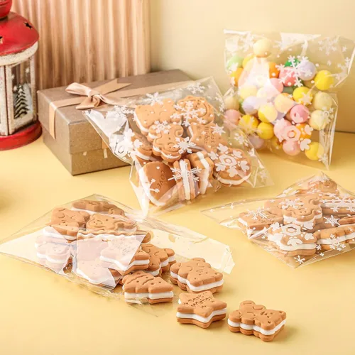 Miniatura 3 de Yinder 500 bolsas de invierno para galletas de invierno, bolsa de celofán con copos de nieve, bolsa de dulces autoadhesiva para suministros de Blanco