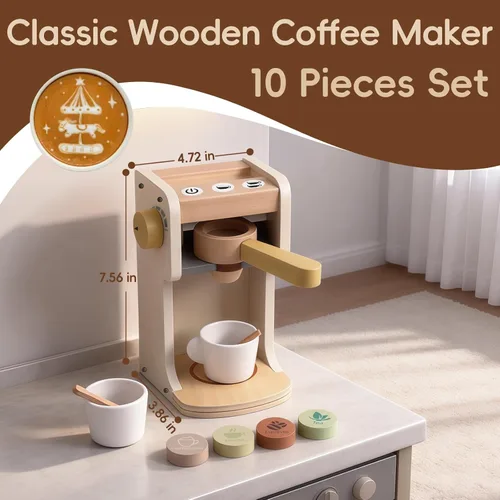 Miniatura 2 de Freniland Juguete clásico de madera para cafetera, juego para preparar y servir para niños pequeños, juguete educativo de cocina para niños a partir