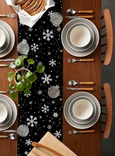 Miniatura 2 de Camino de mesa de muñeco de nieve de Navidad negro – Lino de algodón de 36 pulgadas de largo, bufandas de vestido de Navidad con copo de nieve