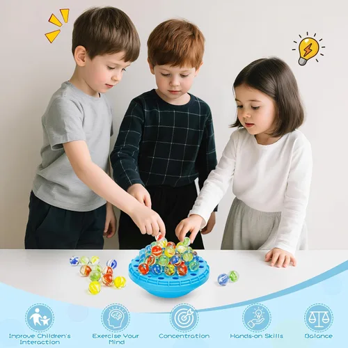 Miniatura 6 de Juego de equilibrio de canicas, 50 canicas coloridas con almacenamiento integrado, divertido desafío familiar para 1-4 jugadores, juguete educativo
