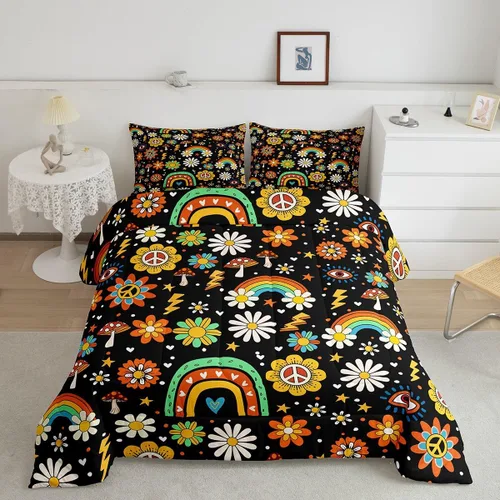 Miniatura 25 de Lindo juego de edredón de flores para niños y mujeres. Juego de ropa de cama de flores coloridas de dibujos animados, tamaño individual, bonito