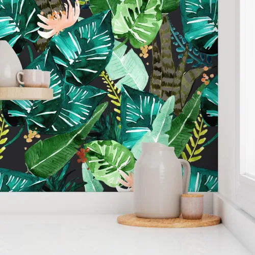 Miniatura 8 de Spoonflower Papel tapiz para despegar y pegar, hojas oscuras tropicales, hojas de plátano, selva, palma, verde, papel tapiz extraíble personalizado