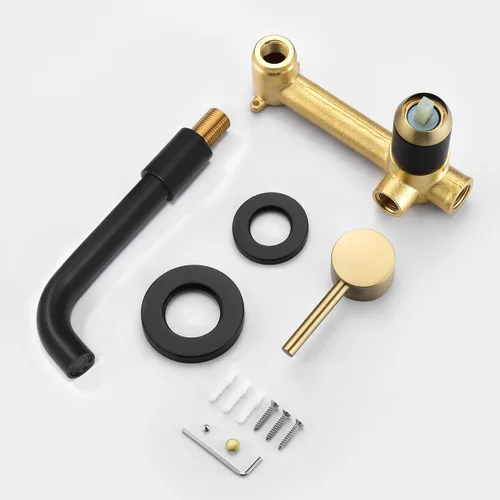 Miniatura 8 de SUMERAIN Grifo de baño de montaje en pared negro y dorado Grifo de montaje en pared para lavabo de baño, con dos manijas y válvula de instalación