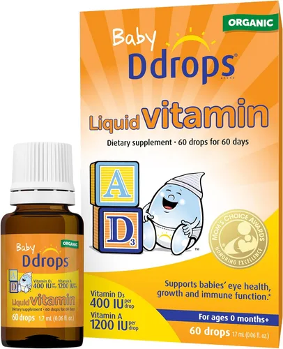 Ddrops® Vitaminas líquidas orgánicas para bebés A&D gotas para bebés, 60 gotas. Apoya la salud ocular de los bebés, el desarrollo óseo y la función