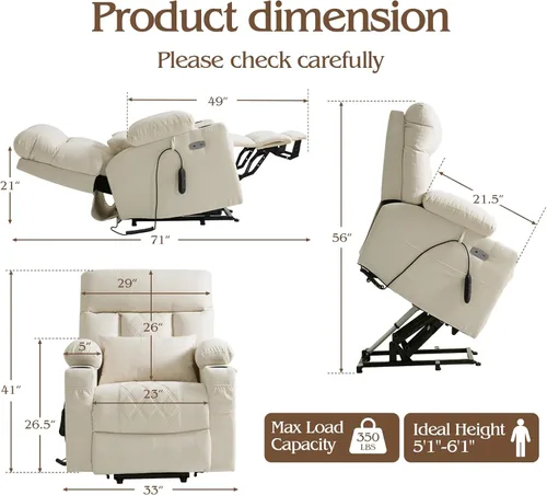 Miniatura 2 de Silla reclinable eléctrica para personas mayores con reposapiés extendido, silla reclinable plana de posición infinita para adultos con masaje