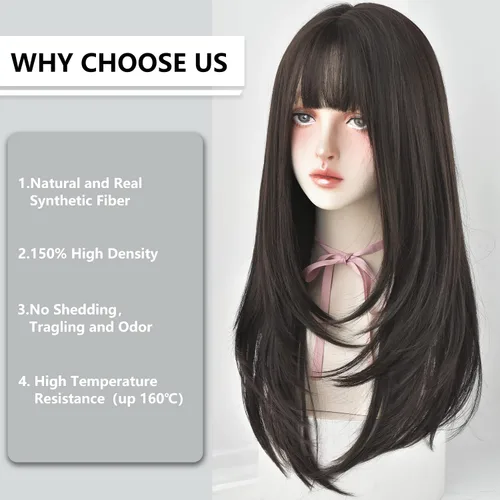 Miniatura 5 de 7JHH WIGS - Peluca de cabello sintético largo y liso con flequillo para mujer, aspecto natural (22 pulgadas, té negro)
