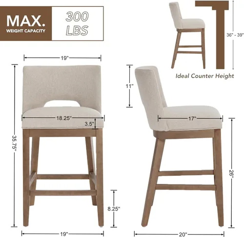 Miniatura 2 de Chairus Juego de 2 taburetes de bar de 26" sin brazos, acolchados con respaldo de madera y patas, taburetes tapizados en tela de lino para encimera