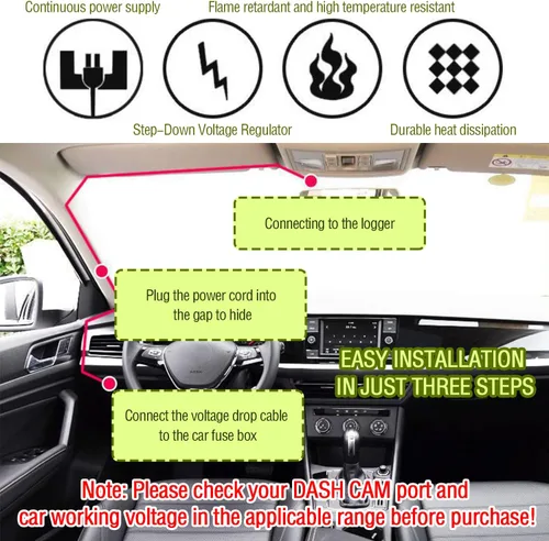 Miniatura 6 de Kit de cable micro USB para cámara de tablero de 9.68 pies, 12 V-30 V a 5 V 2.5 A, cargador de cámara de tablero de automóvil, fuente
