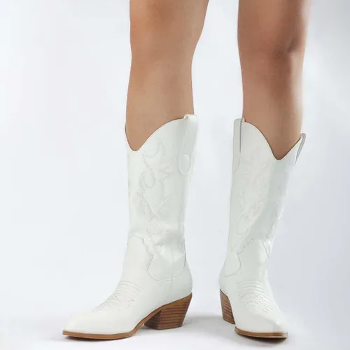 Miniatura 3 de Botas vaqueras modernas bordadas para mujer, botas de media pantorrilla, tacón grueso, retro, coloridas botas occidentales