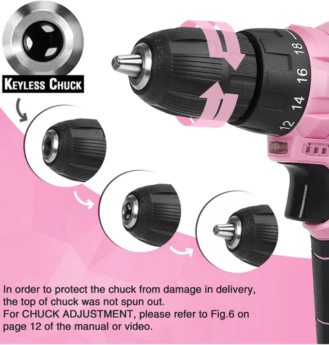 Miniatura 4 de WORKPRO Juego de Taladro Atornillador Inalámbrico Rosa, Kit de Herramientas de Atornillador Eléctrico de 12V, Portabrocas sin Llave de 3/8