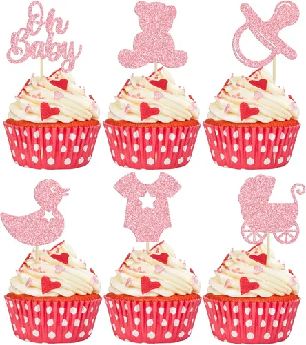 Miniatura 8 de Gyufise 36 piezas Adornos para cupcakes de baby shower con purpurina, chupete, carrito de bebé, oso, Oh Baby, púas para cupcakes para revelación