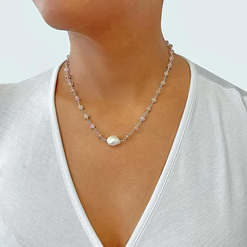 Miniatura 3 de Hecho a mano con piedra semipreciosa o perla cultivada de agua dulce, delicado collar ligero estilo corto, collar o gargantilla con un colgante.