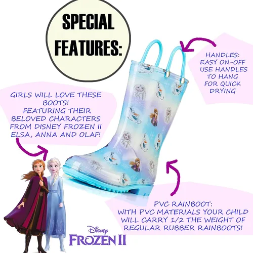 Miniatura 6 de Disney Frozen 2 Girls' Anna, Elsa & Olaf Waterproof PVC Rain Boots with Easy-On Handles Pink & Purple Toddler & Little Kid Sizes