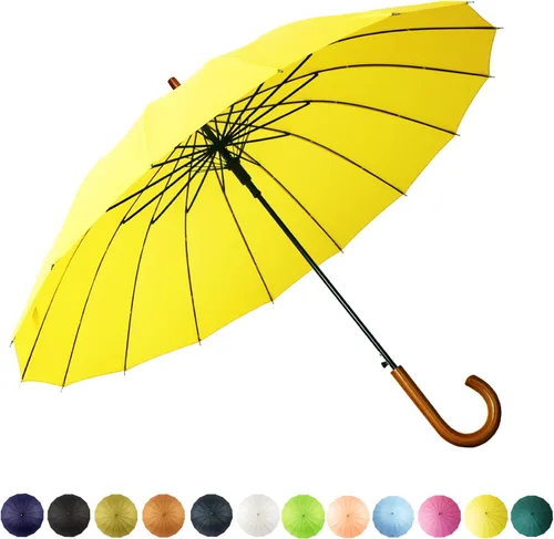 Miniatura 69 de SoulRain Paraguas de palo de 16 varillas de 48 pulgadas, apertura automática, color sólido, moderno y simple, mango de madera clásico de arco