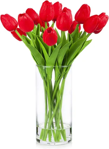 Miniatura 5 de Arreglo floral de tulipanes artificiales de tacto real en jarrón de vidrio transparente con agua sintética para decoración del hogar y boda (rosa)