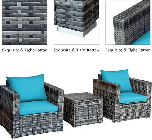 Miniatura 7 de COSTWAY Juego de muebles de patio de 3 piezas, sofá de mimbre para exteriores con cojines y mesa auxiliar, juego de sillas de conversación