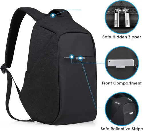 Miniatura 3 de Mochila de viaje antirrobo portátil, mochila para laptop con puerto de carga USB., Negro