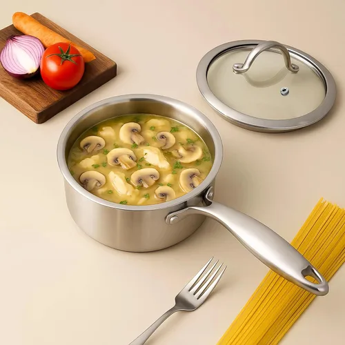 Miniatura 3 de Cacerola de acero inoxidable de 1.5 cuartos de galón con cesta de vapor, construcción de tres capas 18/10, sartén versátil con tapa de vidrio