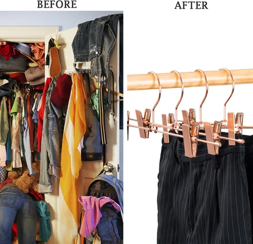 Miniatura 7 de Perchas de ropa para pantalones de oro rosa de 13.8 pulgadas, paquete de 10 perchas para pantalones con clips de metal para pantalones, ganchos