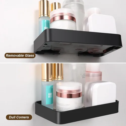 Miniatura 4 de Z metnal Estantes pequeños de vidrio para baño, estante flotante negro mate, mini organizador de estantes de pared, montaje en la pared