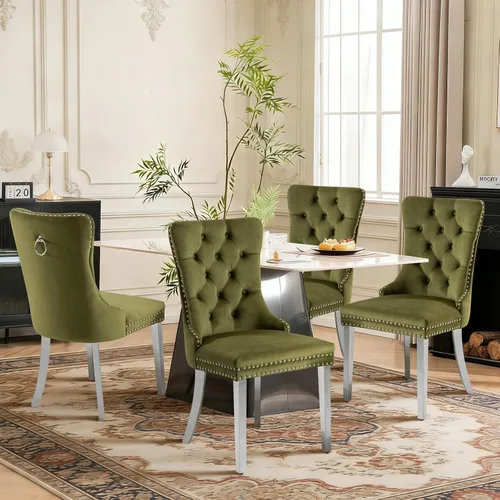 Miniatura 122 de Juego de 4 sillas de comedor de terciopelo, sillas de comedor tapizadas con ribete de cabeza de clavo y patas de madera maciza para cocina