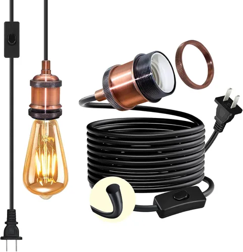 Miniatura 8 de Lámpara colgante retro de 16.4 pies con cable de enchufe, cable de luz colgante redondo grueso negro E26, lámpara colgante industrial vintage