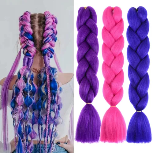 Miniatura 6 de Paquete de 3 extensiones de cabello trenzado de colores de 24 pulgadas, extensiones de cabello sintético para trenzar, morado, verde, amarillo
