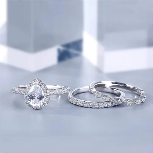 Miniatura 4 de Jeulia Juego de anillos de halo de corte pera, anillo de compromiso con forma de corazón CZ para mujer, plata de ley, diamante blanco, anillos