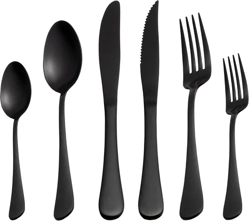Juego de cubiertos de 24 piezas negro mate. Juego de cubiertos de acero inoxidable negro mate chapado en titanio, juego de utensilios para cocinas.