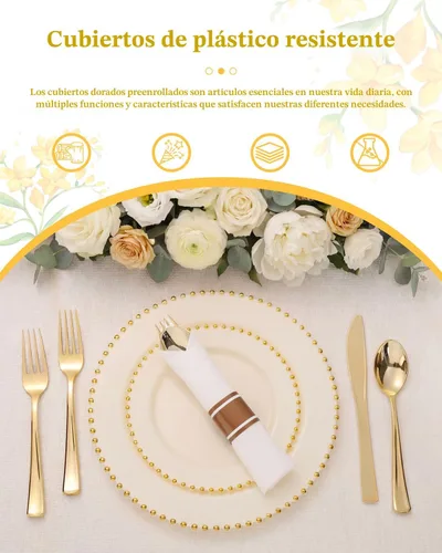 Miniatura 9 de Supernal Paquete de 60 servilletas preenrolladas con cubiertos de plástico dorado, 60 juegos de cubiertos desechables elegantes envueltos: tenedores