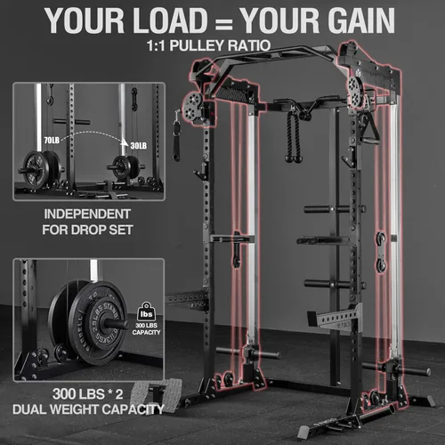 Miniatura 3 de Mikolo Power Cage, 2000LB Power Rack with Independent Dual Pulley System, Multi-Function Home Gym Workout Machine for Cable Crossover and Squat