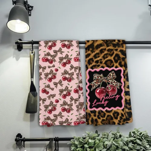 Miniatura 4 de Juego de 2 toallas de cocina retro con lazo de leopardo, decoración de baño femenina de leopardo, toallas de mano con estampado de guepardo