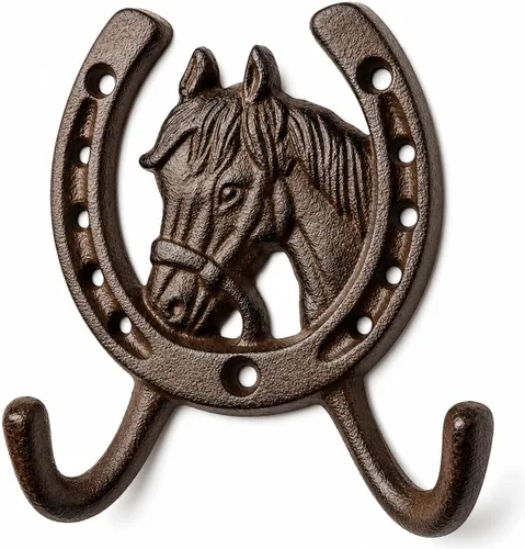 Comfy Hour Gancho de pared de herradura de hierro fundido resistente de 5 pulgadas, soporte decorativo de doble llave para pared, gancho rústico