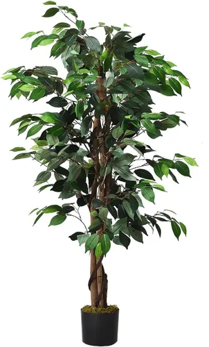 Goplus Árbol de seda artificial de ficus de 4 pies, árbol falso en maceta con hojas verdes y tronco natural, sin mantenimiento, planta sintética
