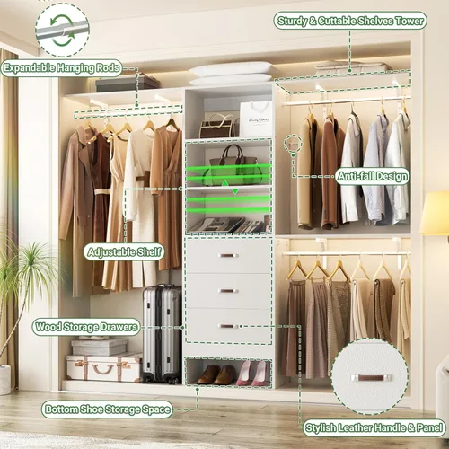 Miniatura 4 de Sistema de Organización de Closet Besiost con Cajón - Sistema Organizador de Closet de Madera de 8 Pies con 3 Barras para Colgar y Torre de Blanco