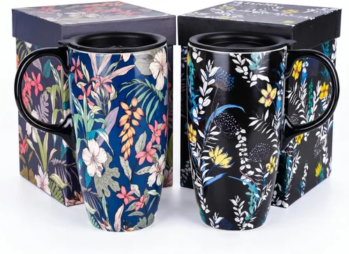 Juego de 2 tazas de café de cerámica de 17 onzas con tapas y cajas de regalo, tazas de té de porcelana floral Art Nouveau Tropical y flores Azul y