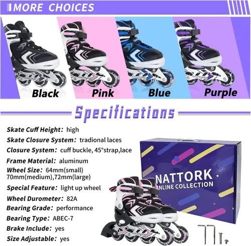Miniatura 6 de Patines en línea NATTORK para niños, niñas y niños con ruedas completamente iluminadas, patines ajustables seguros y duraderos, patines para Rosa