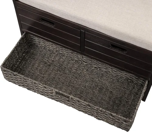 Miniatura 8 de SOFTSEA Banco de Almacenamiento Tapizado, Otomana de Almacenamiento con Cesta Removible y 2 Cajones, Banco de Zapatos de Estilo Granja con Cojín