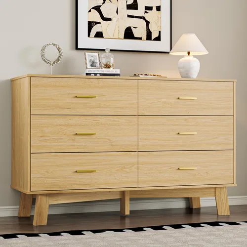 Miniatura 11 de BORNOON Cómoda para dormitorio con 6 cajones, cajonera moderna de 47.2" con manijas de metal, base en forma de X y pata central ajustable