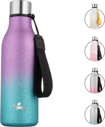 Miniatura 29 de Konokyo Botella de agua aislada con correa, botella de agua de acero inoxidable de 18 onzas de doble pared con aislamiento al vacío, frasco de Verde