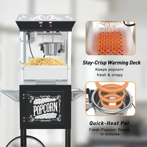 Miniatura 3 de Carro de máquina de palomitas de maíz de 8 onzas, 650 W, máquina para hacer palomitas de maíz con hervidor de acero inoxidable, máquina de palomitas