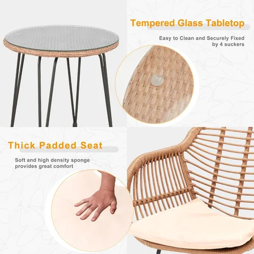 Miniatura 5 de Tappio Juego de muebles de mimbre para exteriores, 3 piezas, para patio, bistró, muebles de balcón, juegos de conversación de ratán, juego de sillas