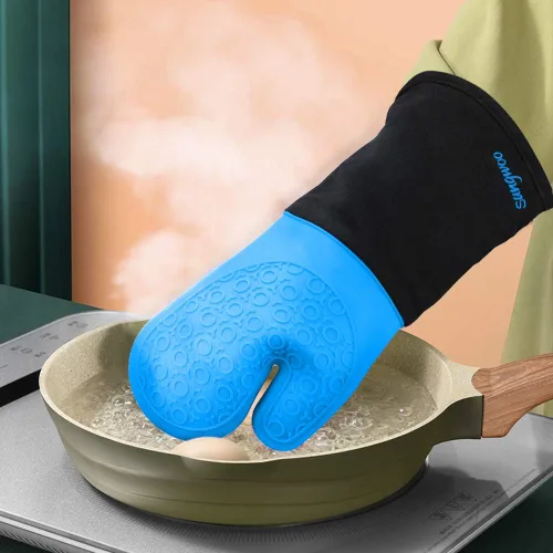 Miniatura 7 de sungwoo Guantes de horno de silicona extralargos, resistentes al calor, con forro acolchado, agarre texturizado antideslizante, perfectos para Azul