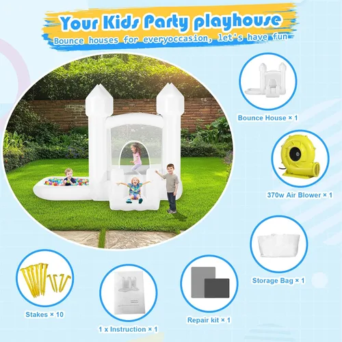 Miniatura 7 de Casa de rebote blanca para niños con bolas, casa inflable para interiores y exteriores, incluye soplador, fácil instalación, castillo animoso