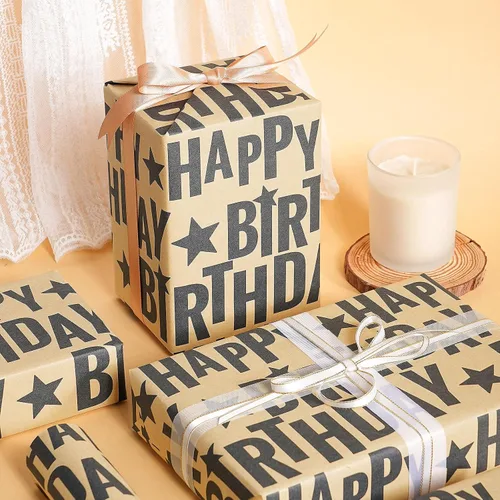Miniatura 4 de RUSPEPA Rollo de papel de regalo de cumpleaños, mini rollo, texto de feliz cumpleaños negro en negrita con diseño de estrellas, papel de regalo