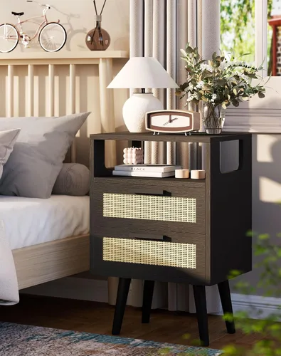 Miniatura 2 de YMYNY Juego de 2 mesitas de noche de ratán, mesa auxiliar bohemia con 2 cajones, estante abierto con diseño arqueado, patas de madera maciza, Negro