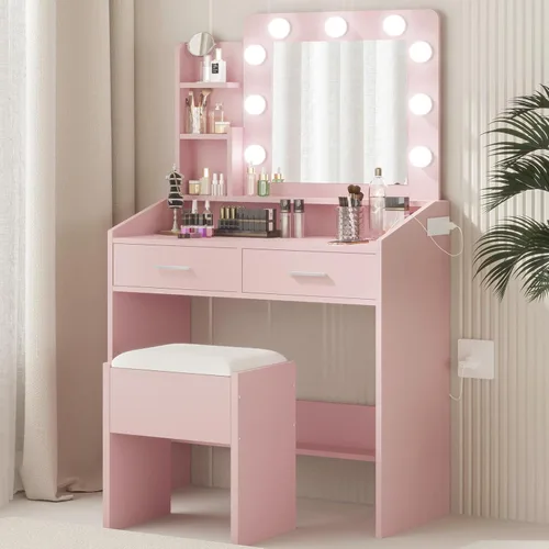 Miniatura 9 de Patikuin Escritorio de tocador con espejo y luces para dormitorio, mesa de maquillaje moderna de mármol blanco con 2 cajones, 3 modos de luz y LED