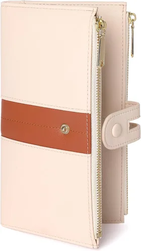 GEEAD Slim mujeres carteras cuero plegable multi titular de la tarjeta de la cartera con cremallera bolsillo gran capacidad, Beige Marrón, Compacto